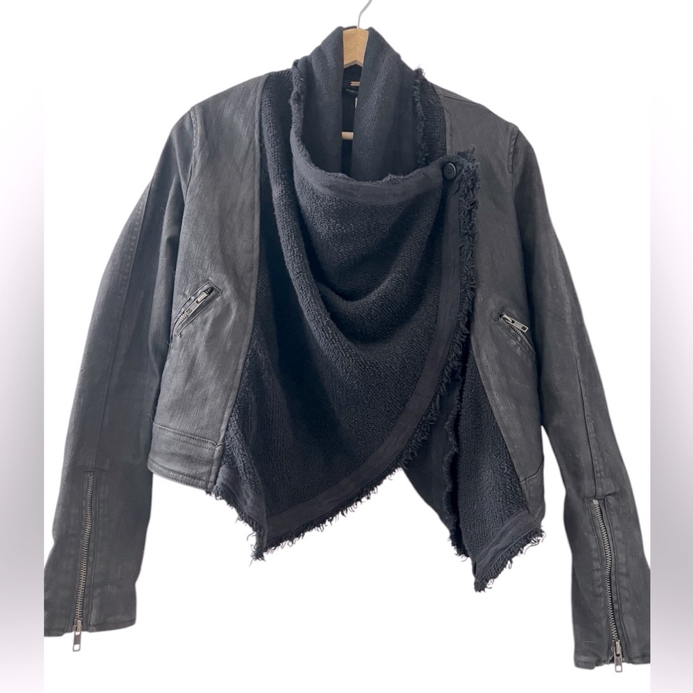 Free People Moto Jacket Women's  0 Black Waxed Denim Drape Front Crop Biker